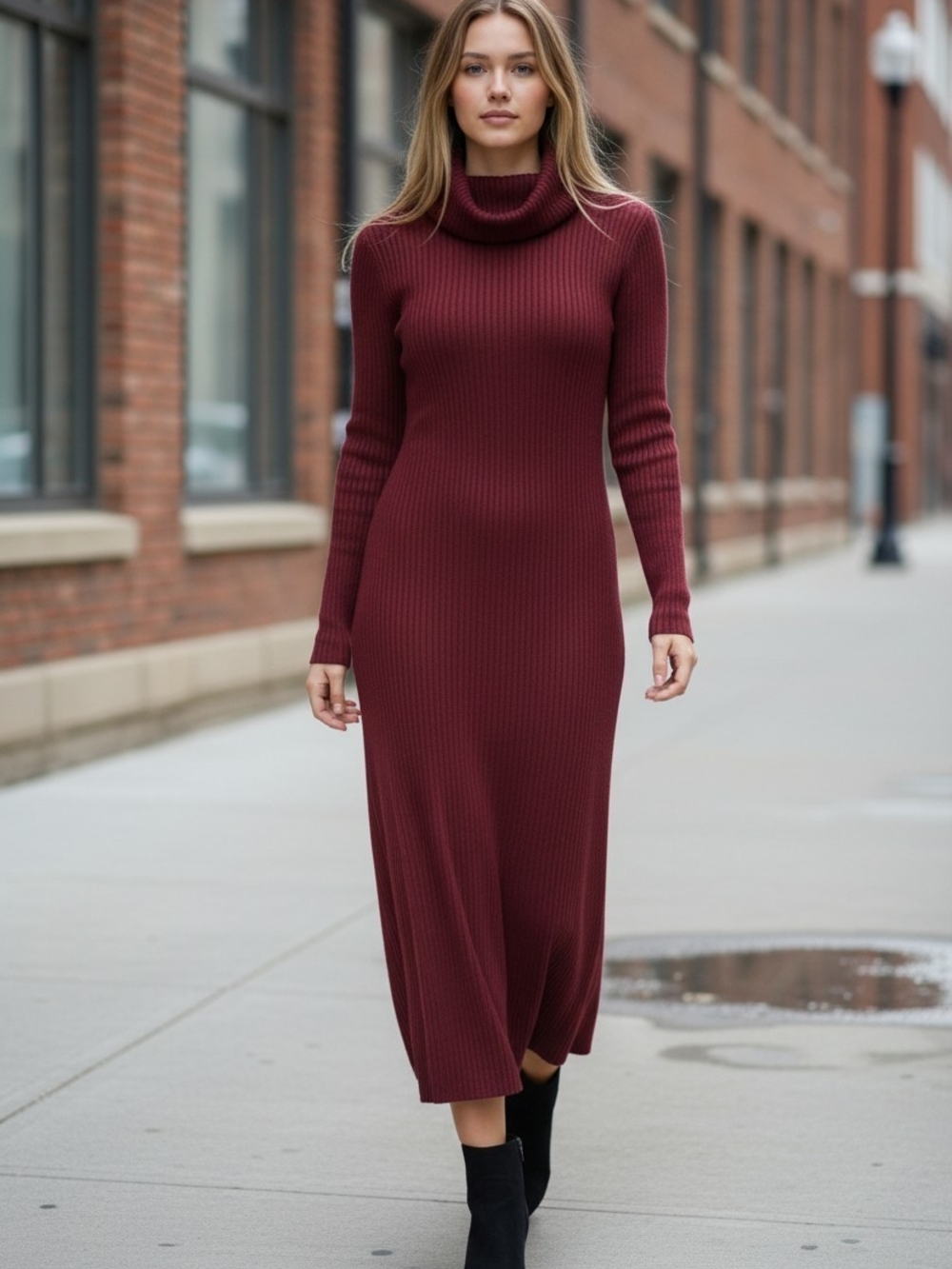Ambiance Ribbed Turtleneck Maxi Dress in Burgundy Womems Size S Sweater Dress